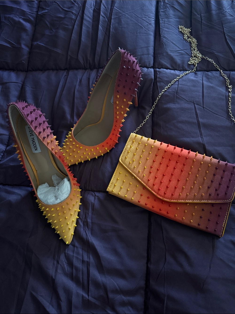 Steve Madden Gradient Spike Pumps & Clutch — Yellow Orange Purple